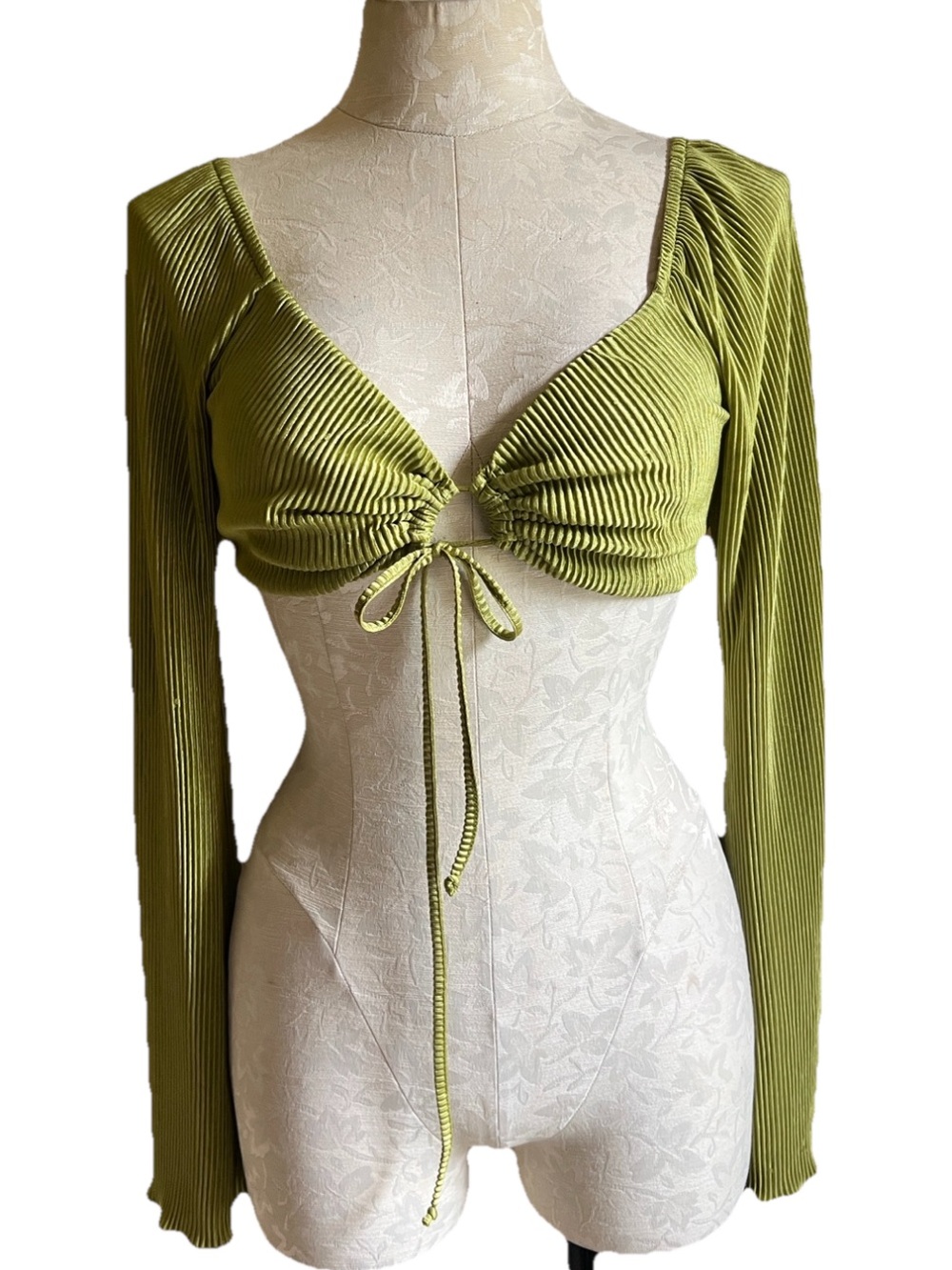 Wild Fable Ribbed Green Tie Front Long Sleeve Crop Top Size XS